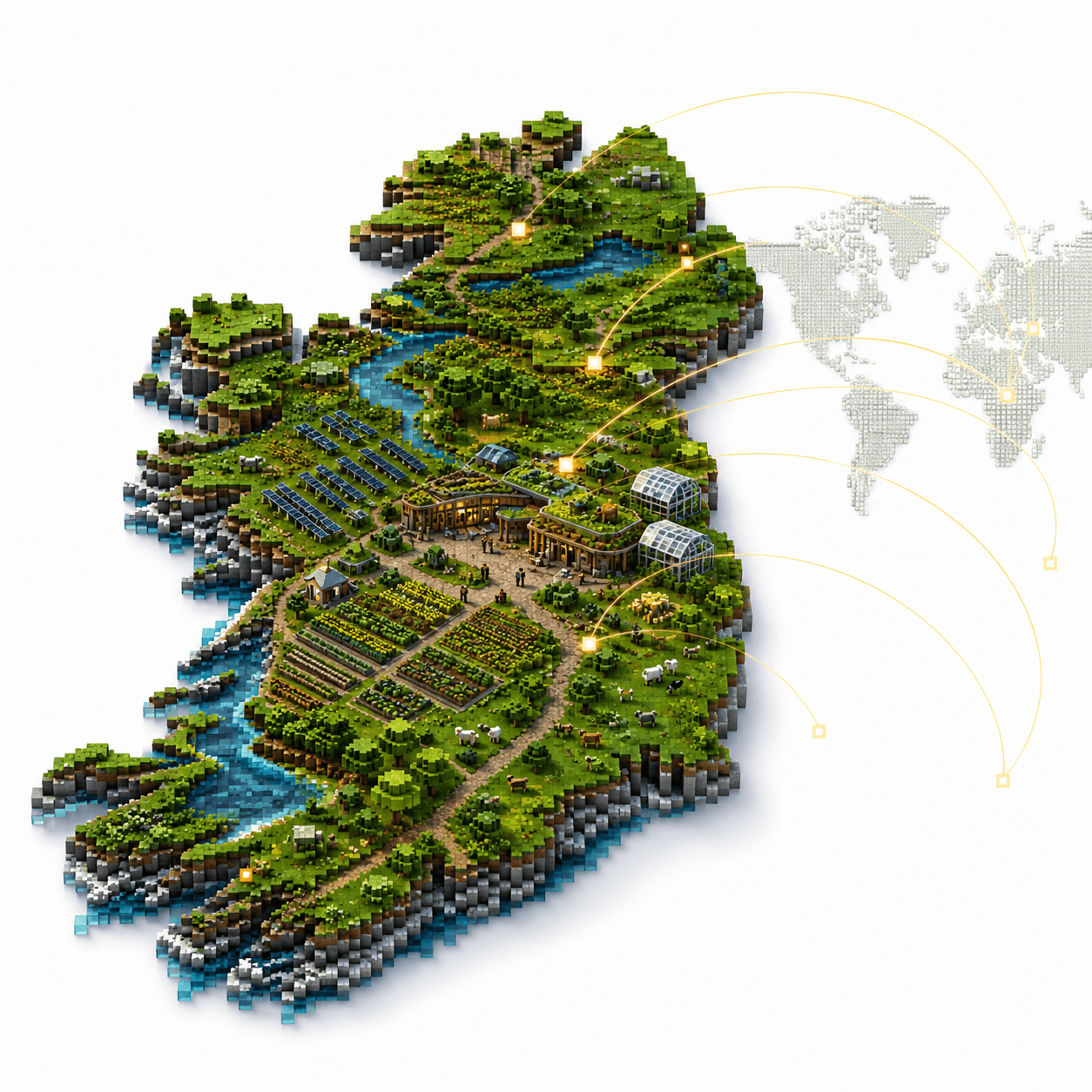 A Minecraft-style Ireland filled with farms, renewable energy, water, habitats and connected EatoVerse builds reaching across the world